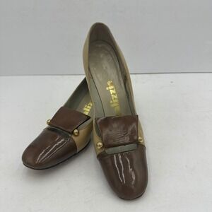 Vintage Palizzio Women Size 8.5 AA Two Tone Brown Leather Square Toe Heels Pumps